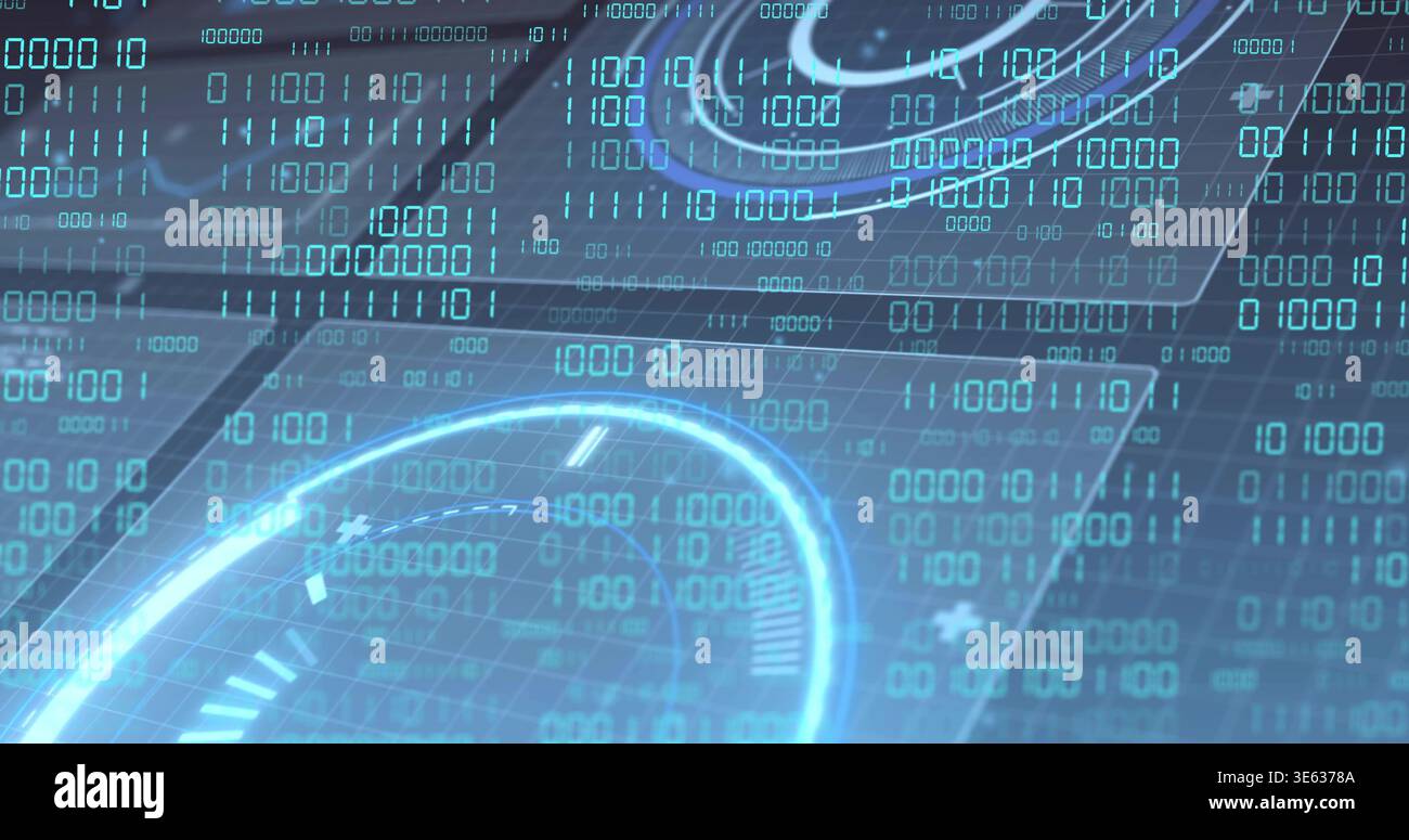 Displaying central glowing gauge pulsing across virtual HUD, with binary digits and wireframe grid Stock Photo