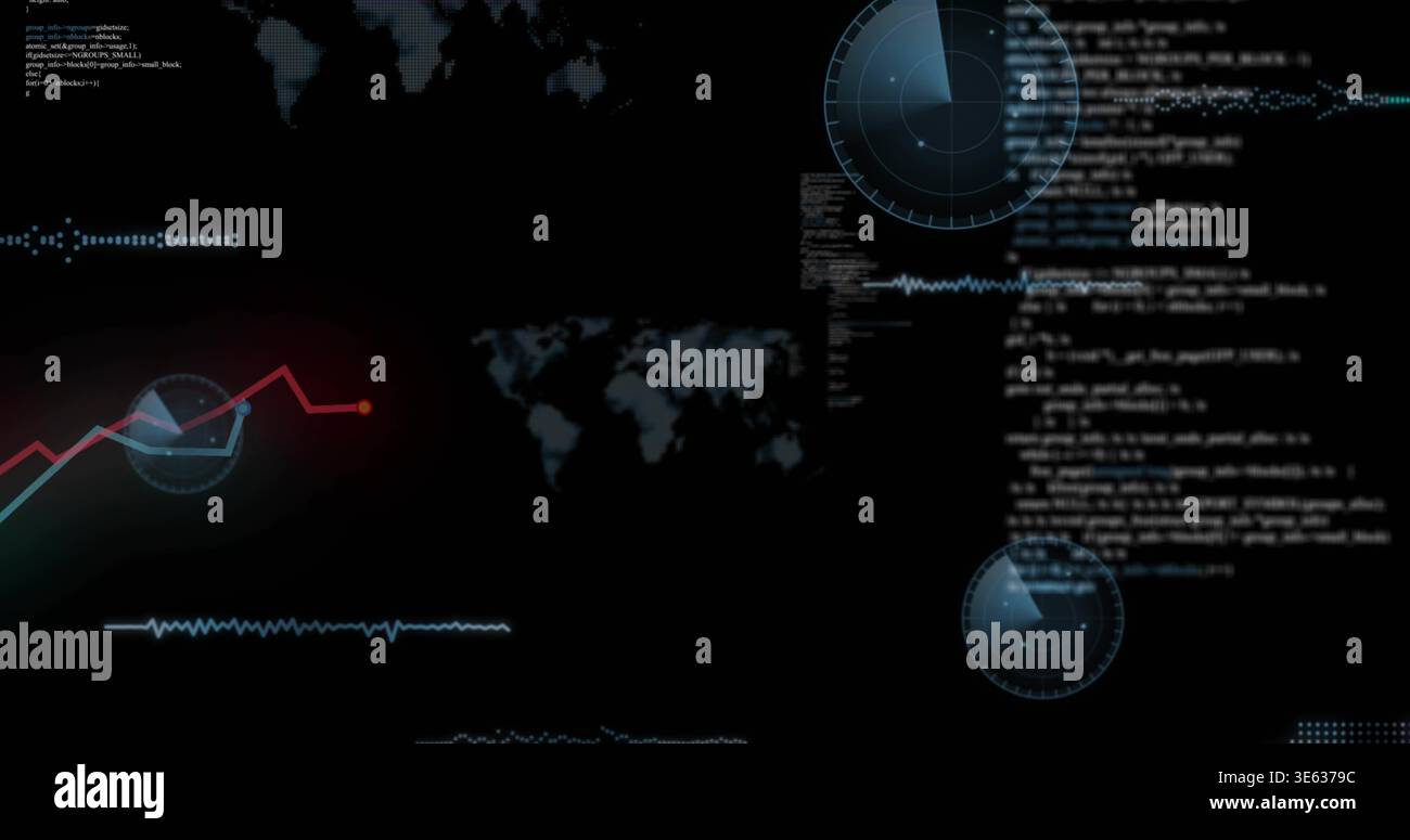Displaying HUD-style digital interface animating on dark display, with radar dials, code columns Stock Photo