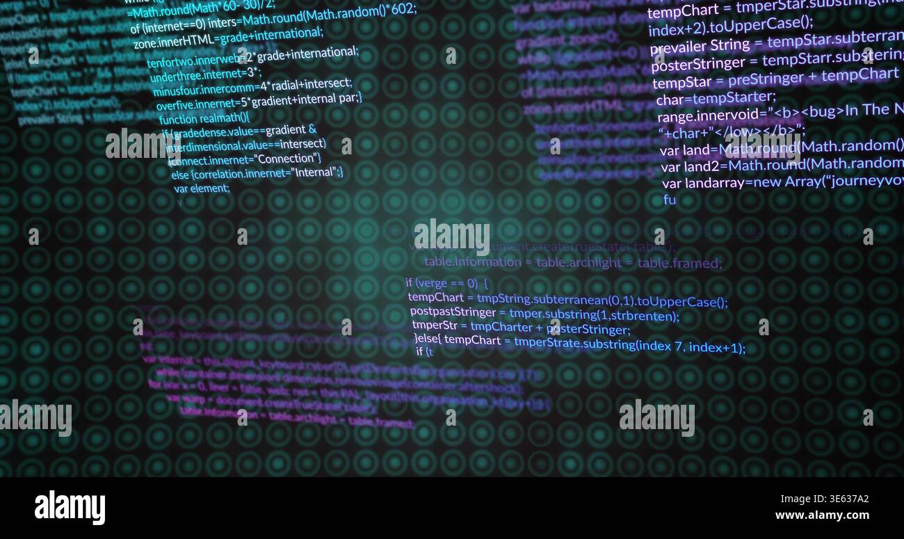 Floating code blocks moving across screen, showing visible keywords and teal concentric circles Stock Photo