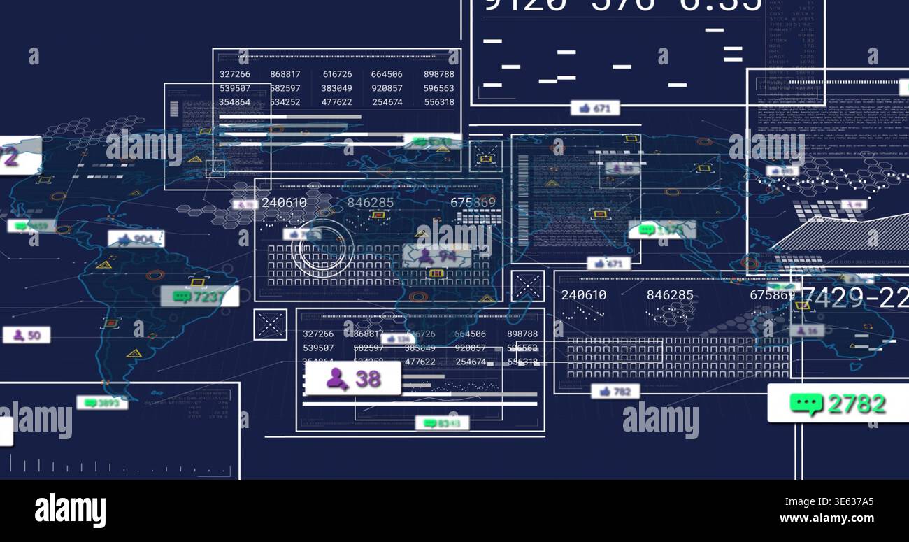 Displaying global network dashboard on dark navy map, showing translucent panels, counters, nodes Stock Photo