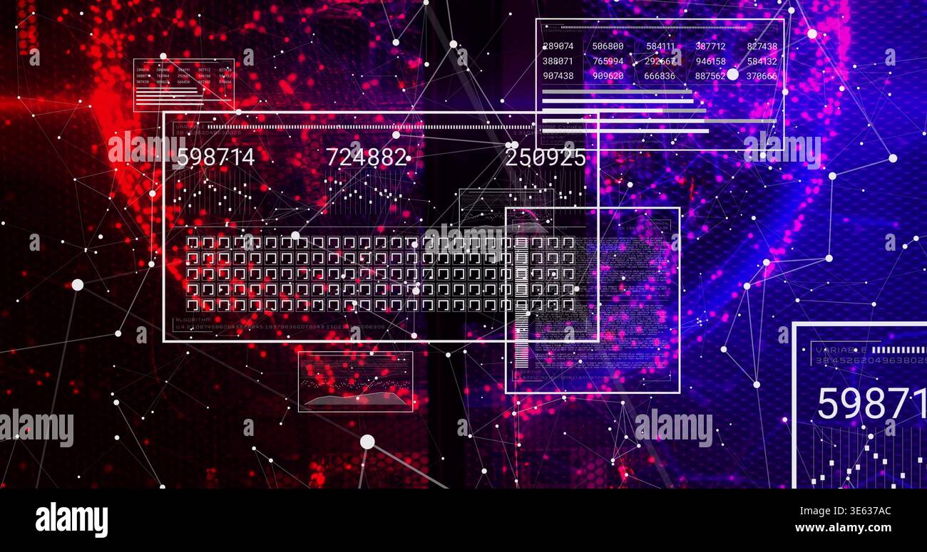 Displaying wireframe keyboard panel dominating cyberspace center with HUD panels and numeric labels Stock Photo