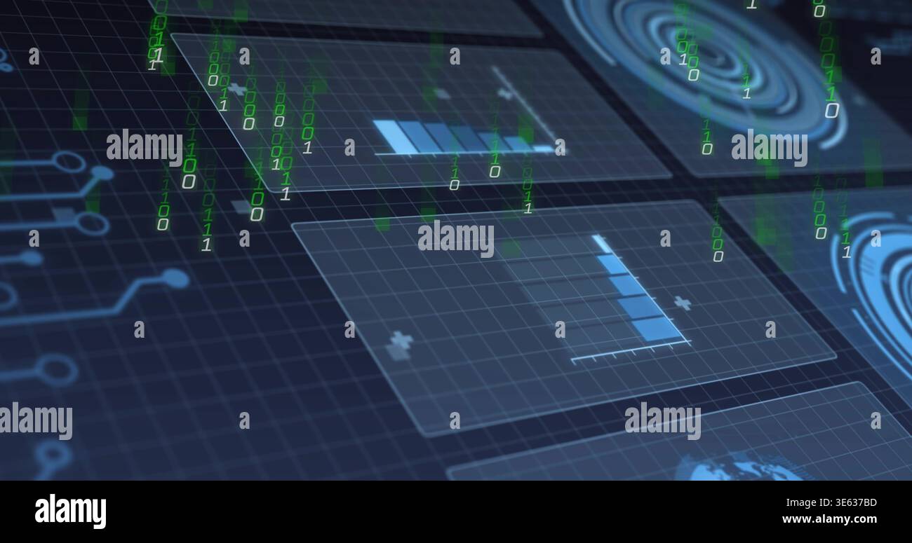 Displaying holographic panels floating over dark blue grid plane, streaming green binary digits Stock Photo
