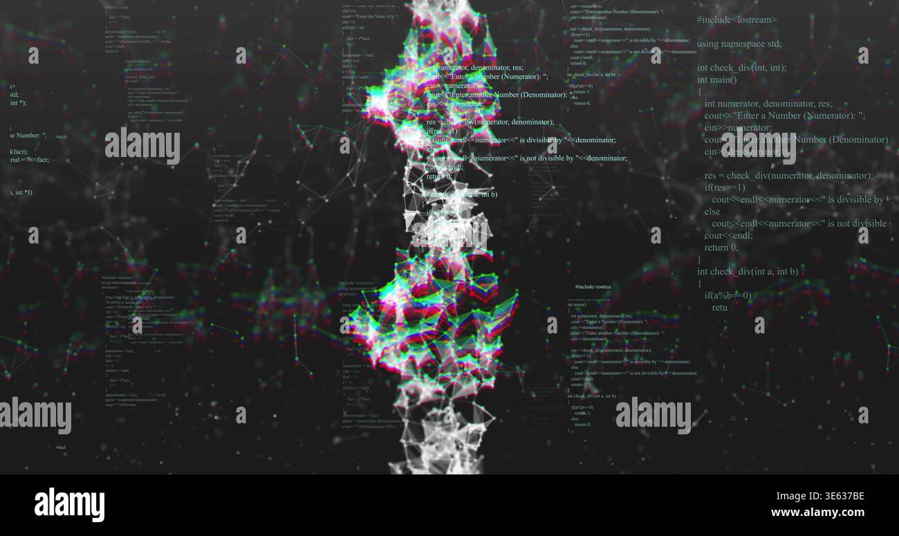 Pulsing central node column emitting RGB chromatic-fringe in cybernetic space, with floating code Stock Photo