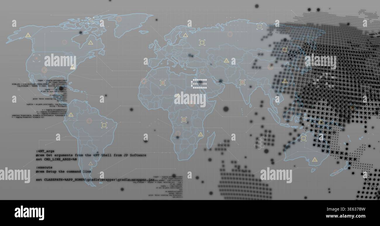 Displaying global map dashboard with cyan gridlines, caution icons, node links, terminal code Stock Photo