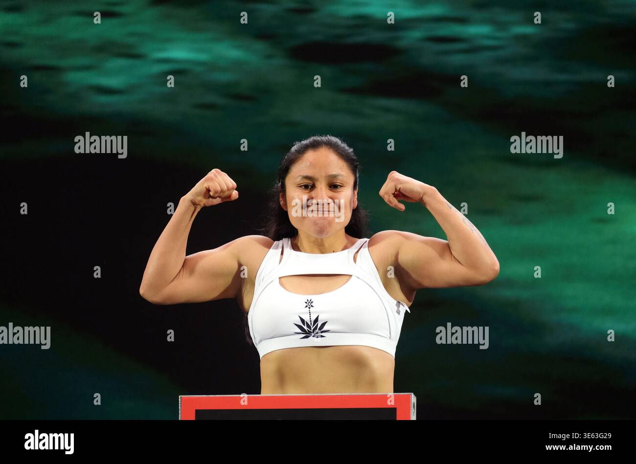 Mayelli Mayelli Flores during a weigh-in at The Olympia Grand Hall, London ...