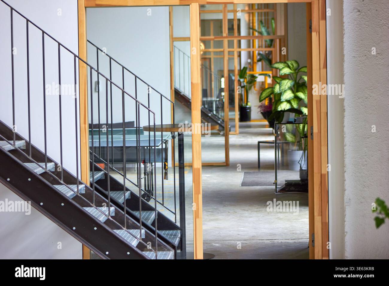 Modern office interior featuring a metal staircase with vertical railings in the foreground, viewed through a wooden-framed glass partition. The Stock Photo