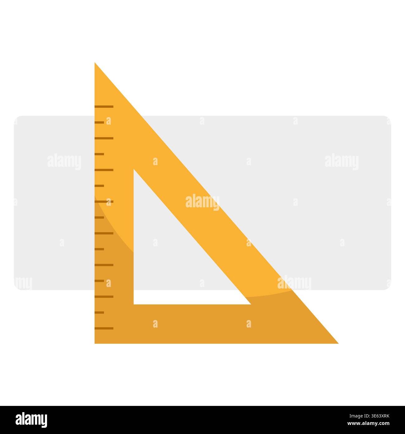 Drafting triangle ruler tool. Precision Vector instrument. Yellow plastic scale. Light gray flat rectangle background item. Stock Vector