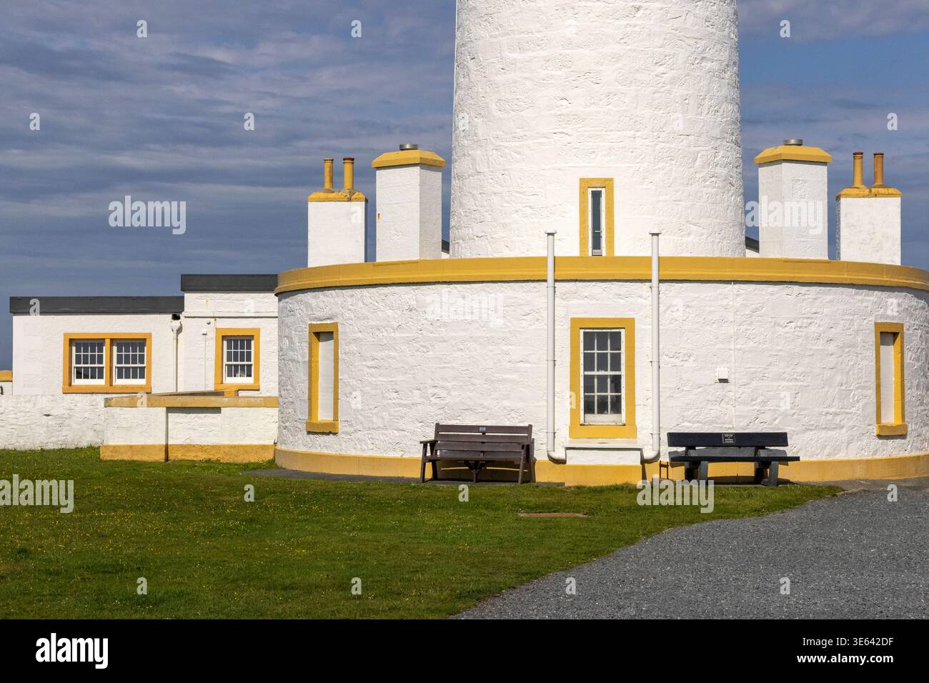 Yellow and white lighthouse, Close-up, Mull of Galloway, Scotland, UK Stock Photo
