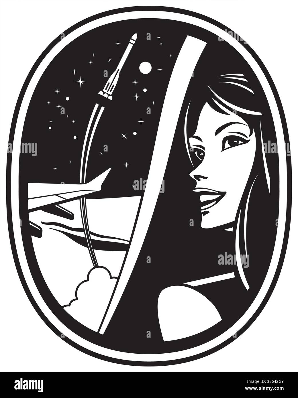 A passenger watches a space rocket launch from a airplane window – vector illustration Stock Vector