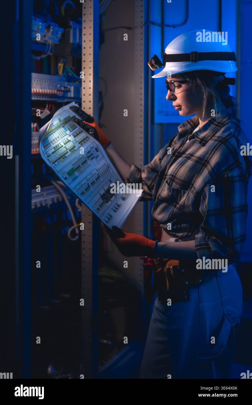 Electrical engineer analyzing power system diagram near switchboard. Technical control. Stock Photo