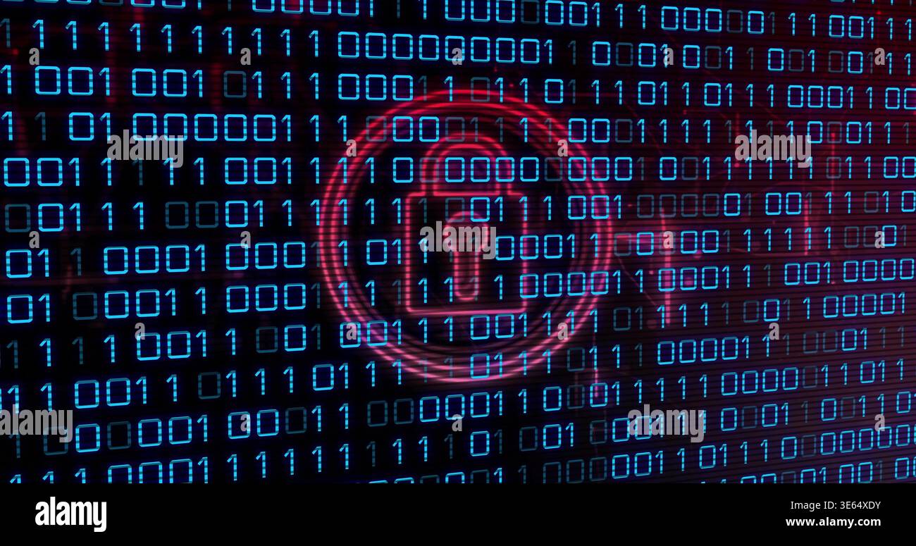 Glowing red padlock hovering over digital screen, with blue binary digits, grid halo, transparent Stock Photo