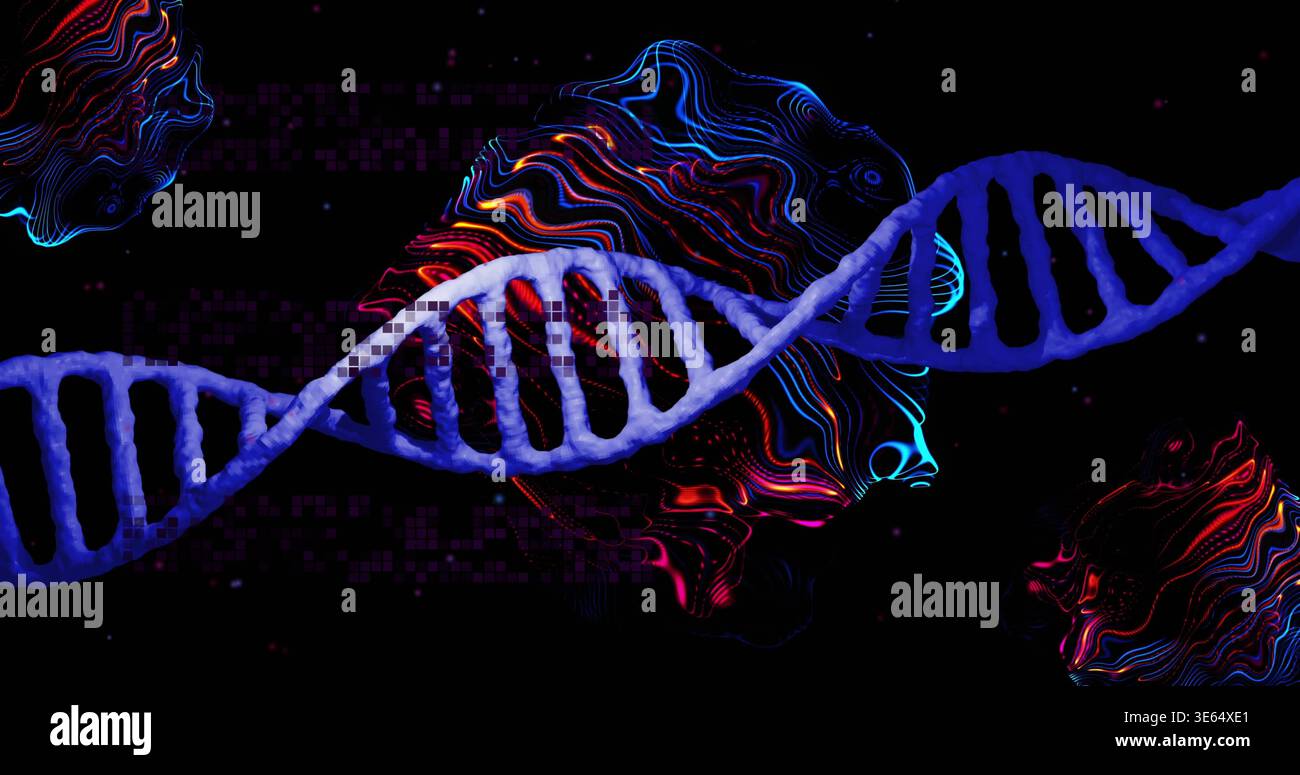 Stretching blue DNA helix spanning diagonal digital void, displaying neon profiles and pixel data Stock Photo
