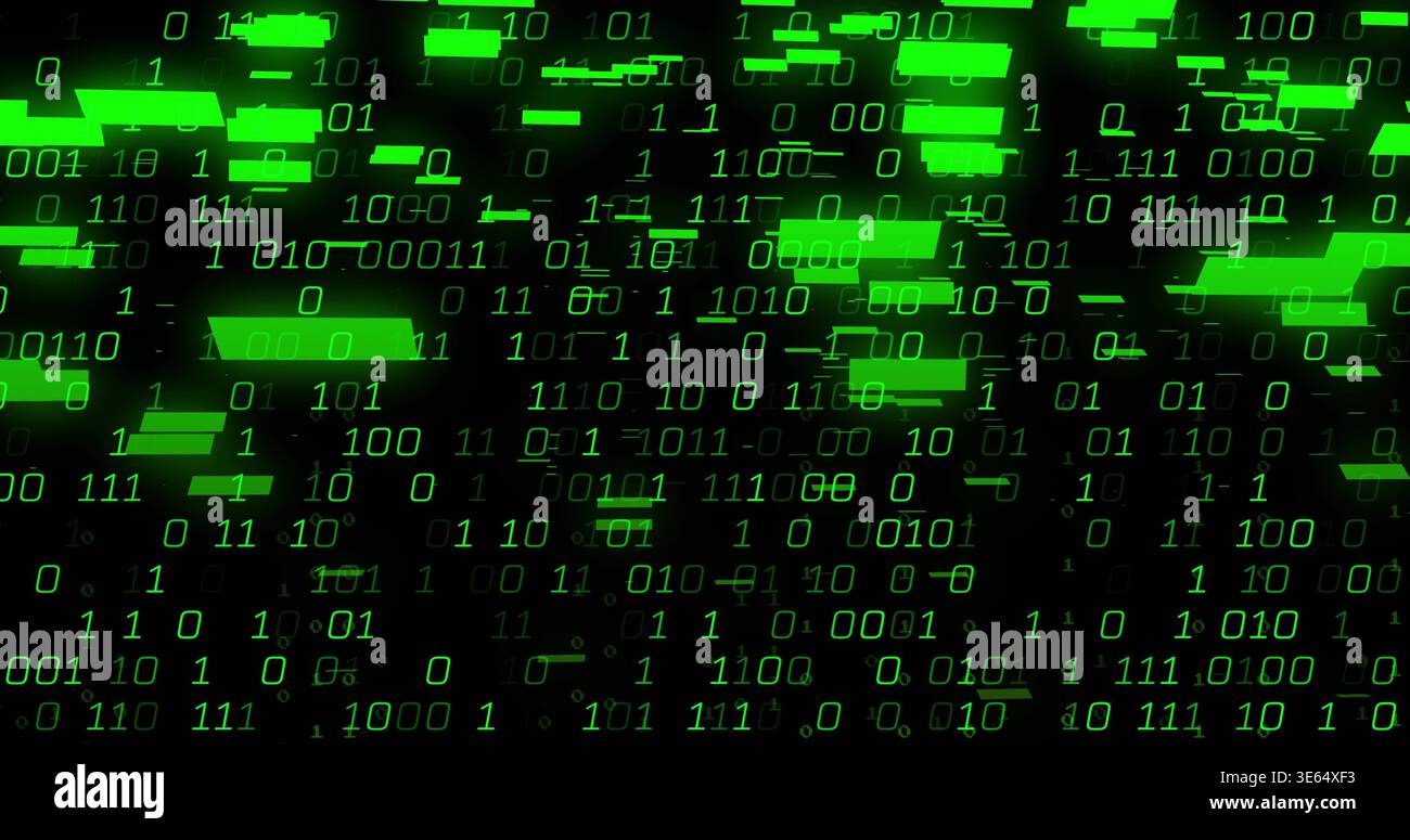 Streaming binary digits 0 and 1 with glowing green bars and streaks in digital data stream Stock Photo
