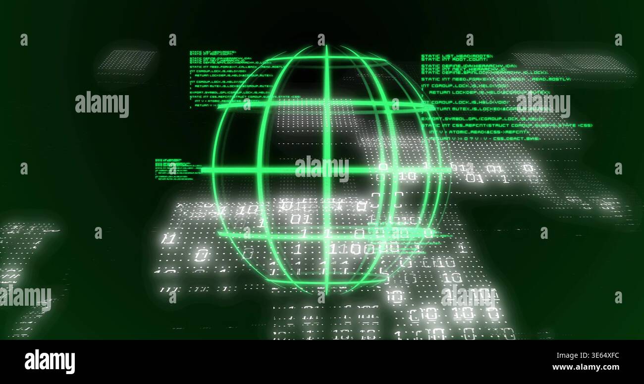 Rotating neon-green wireframe globe glowing in cyberspace, showing binary digits and data panels Stock Photo