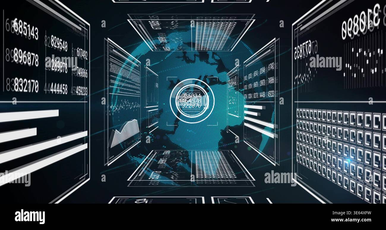 Displaying central holographic globe rotating in 3D analytics cockpit, with floating data panels Stock Photo