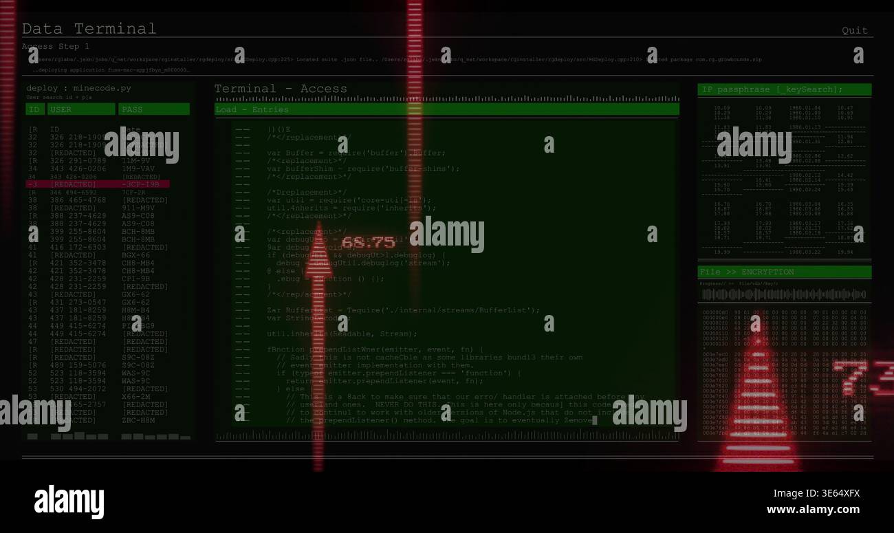 Displaying Data Terminal UI with central code pane, left entries, right hex dump panels, red scan Stock Photo
