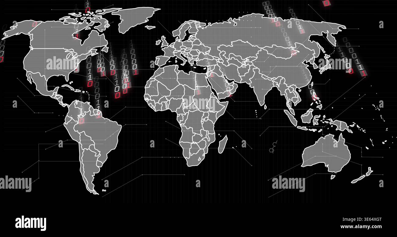 Displaying stylized world map streaming binary digits in data dashboard, showing red square markers Stock Photo
