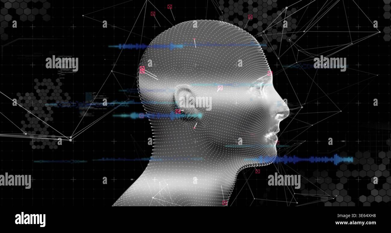 Rendering dotted mesh 3D head model facing right in grid, showing blue waveforms and red nodes Stock Photo