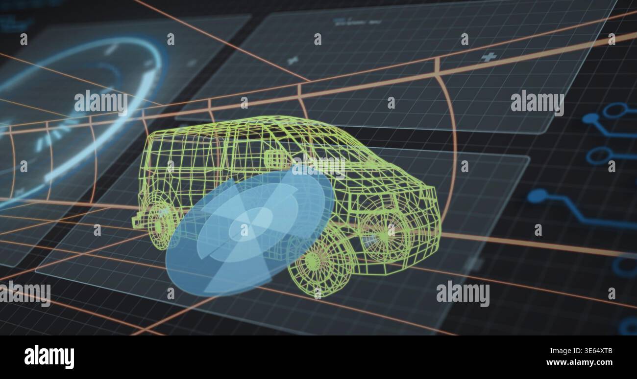 Displaying green wireframe minivan or SUV floating over orange 3D grid lines, with blue sensor disk Stock Photo