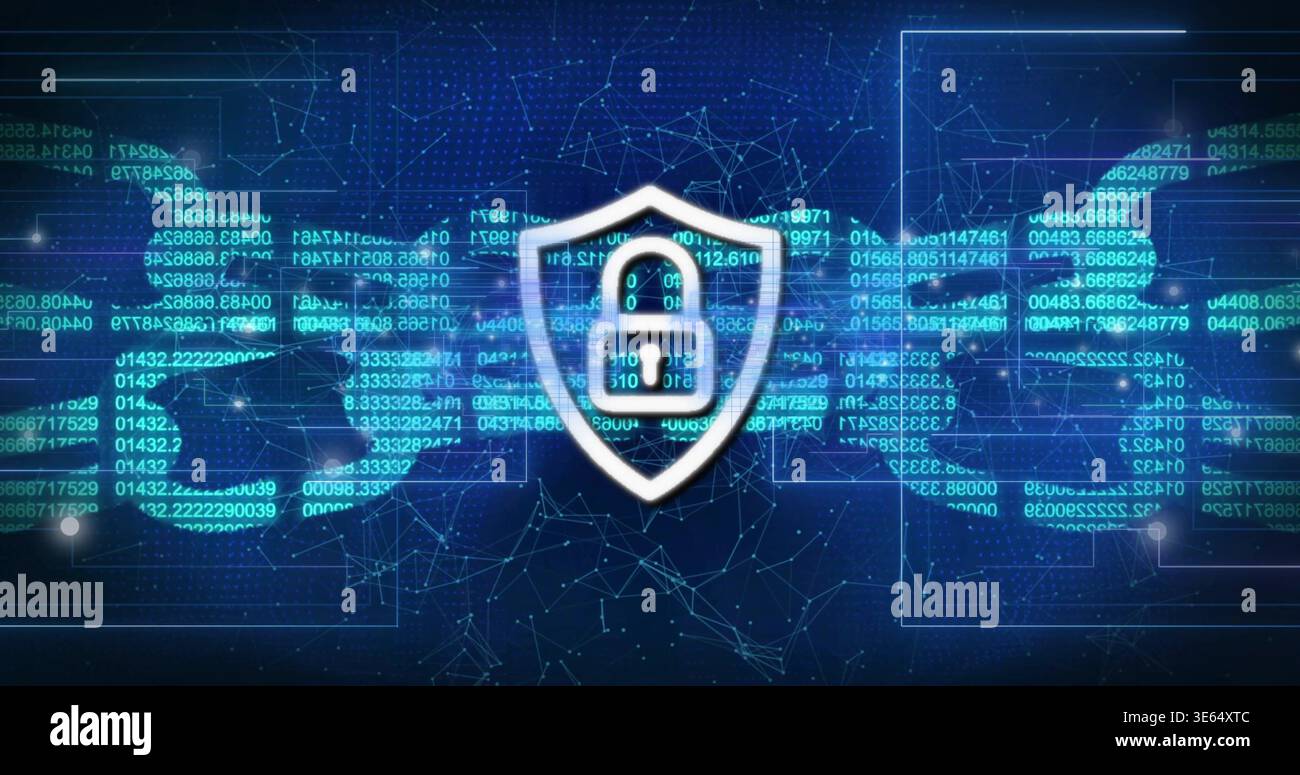 Glowing central white shield with padlock protecting virtual network, with teal code streams Stock Photo