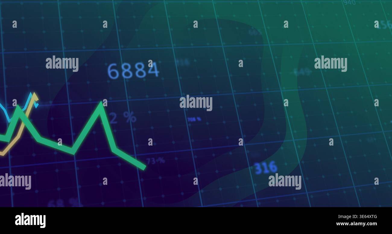 Displaying green zigzag trend line moving across trading chart grid with thin yellow line, labels Stock Photo