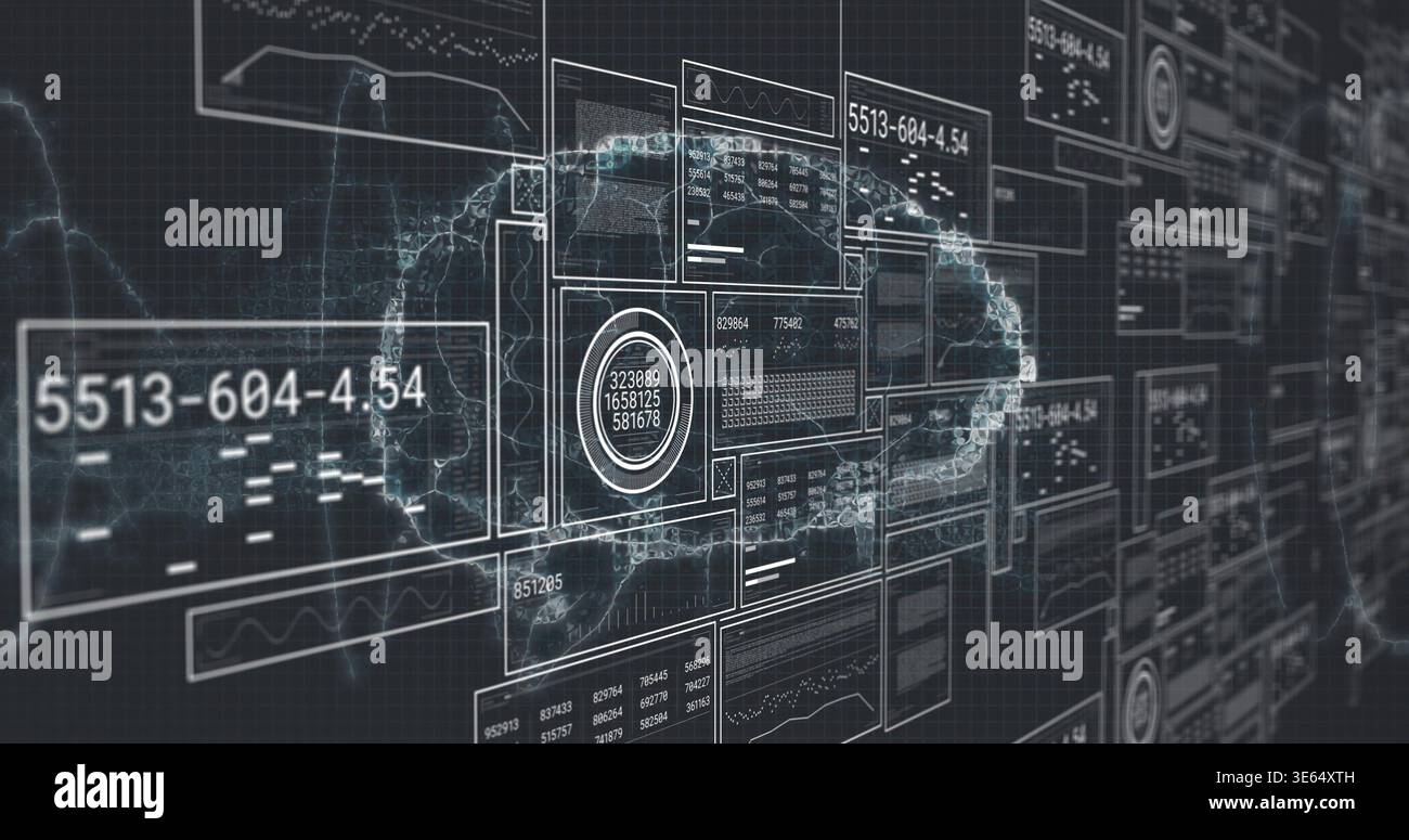 Displaying central data panels and wireframe cloud path in virtual 3D grid, with gauge Stock Photo