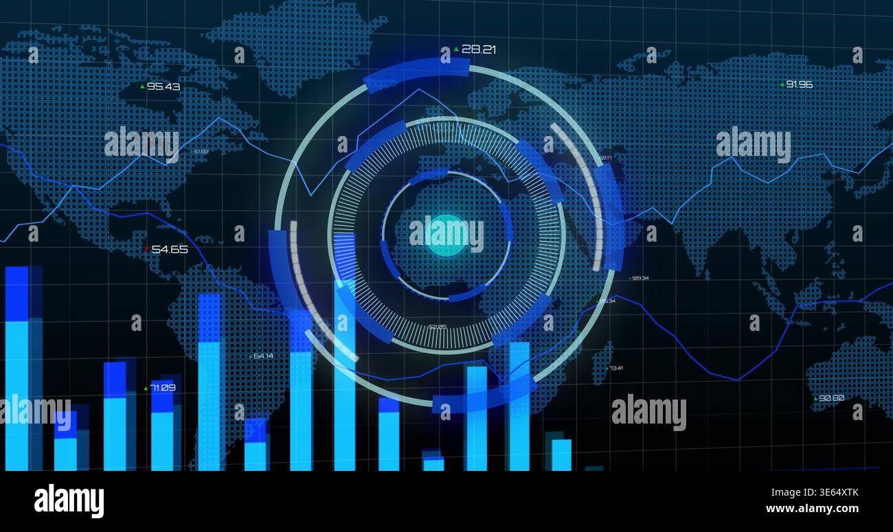 Displaying central circular HUD overlaying dotted world map at virtual dashboard, with blue charts Stock Photo