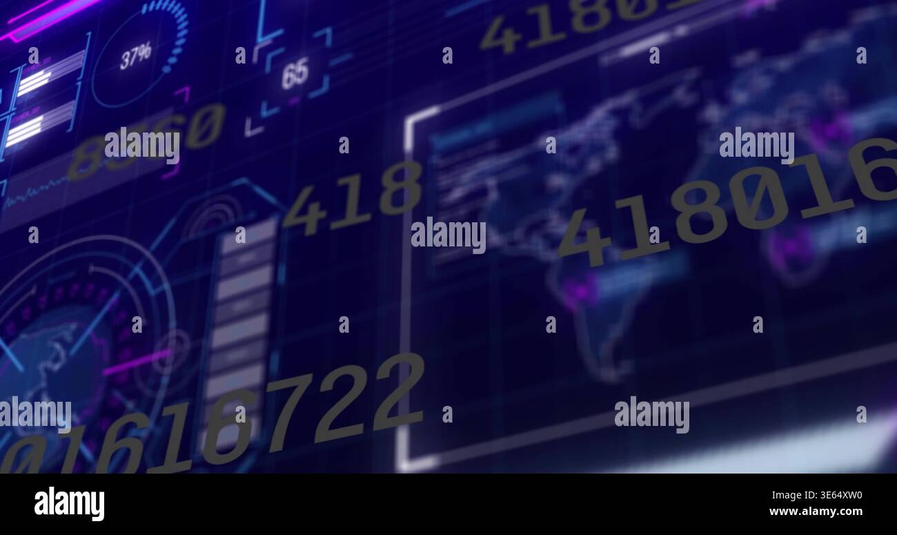 Displaying centered holographic dashboard panel in virtual HUD, showing numeric overlays, world map Stock Photo