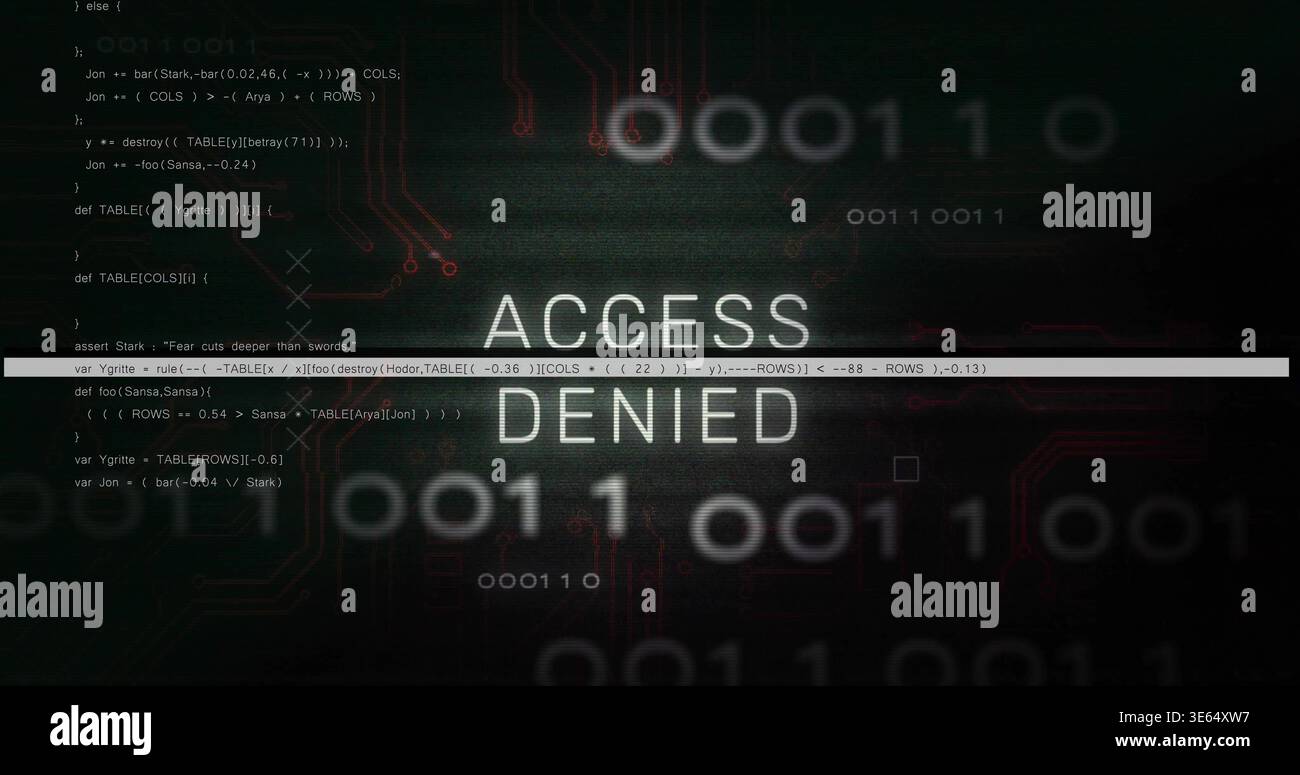 Displaying centered ACCESS DENIED text on security interface display, showing binary digits Stock Photo