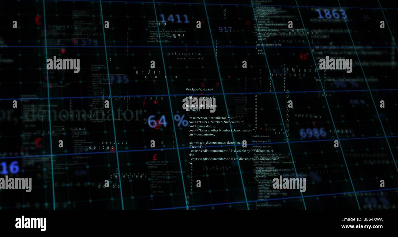 Displaying central data cluster pulsing within virtual dashboard showing code, cyan grid, 64% Stock Photo