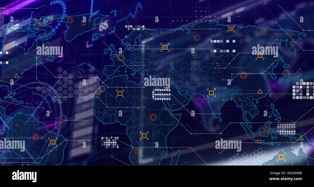 Displaying digital world map on dashboard, showing node markers, data tiles, hex grid, streaks Stock Photo