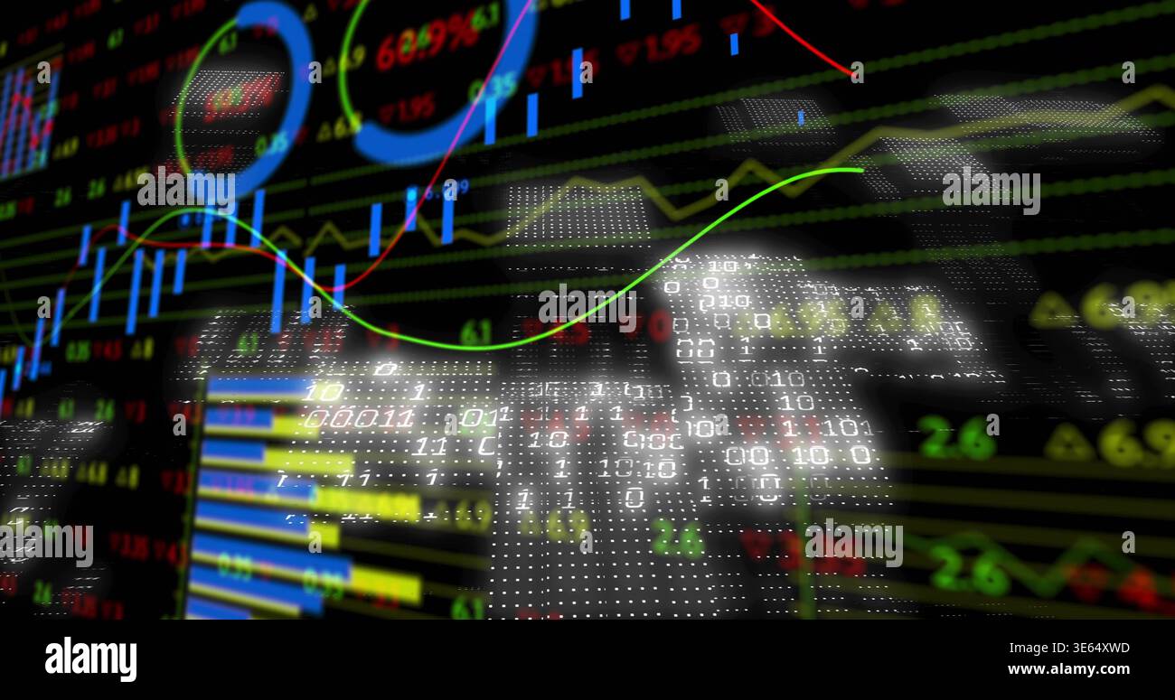 Displaying trading dashboard showing candlestick charts color line graphs stacked bars, binary map Stock Photo