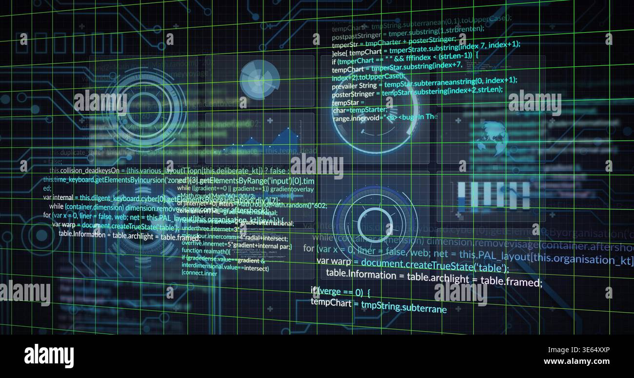 Displaying central HUD projecting layered code, charts, glowing data nodes on virtual dashboard Stock Photo