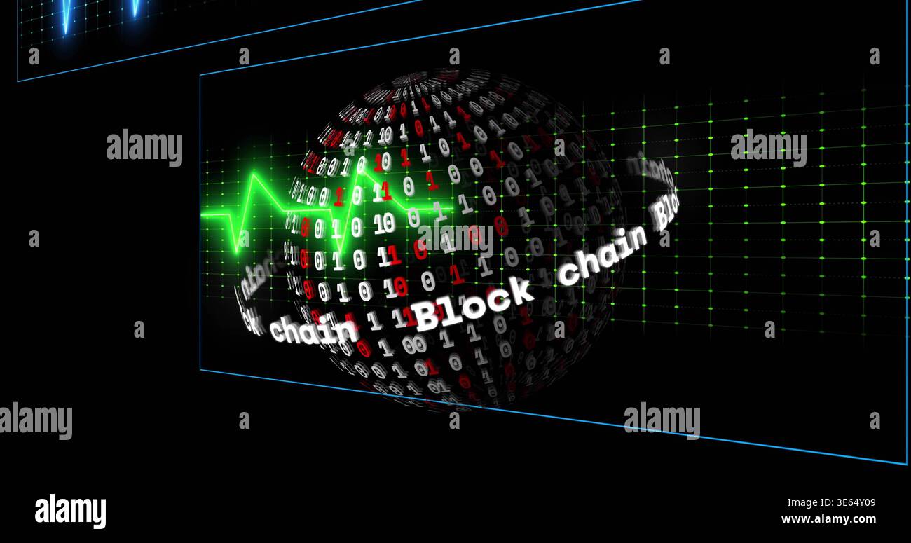 Rotating glossy 3D globe displaying binary inside digital HUD, with blockchain ring and waveform Stock Photo