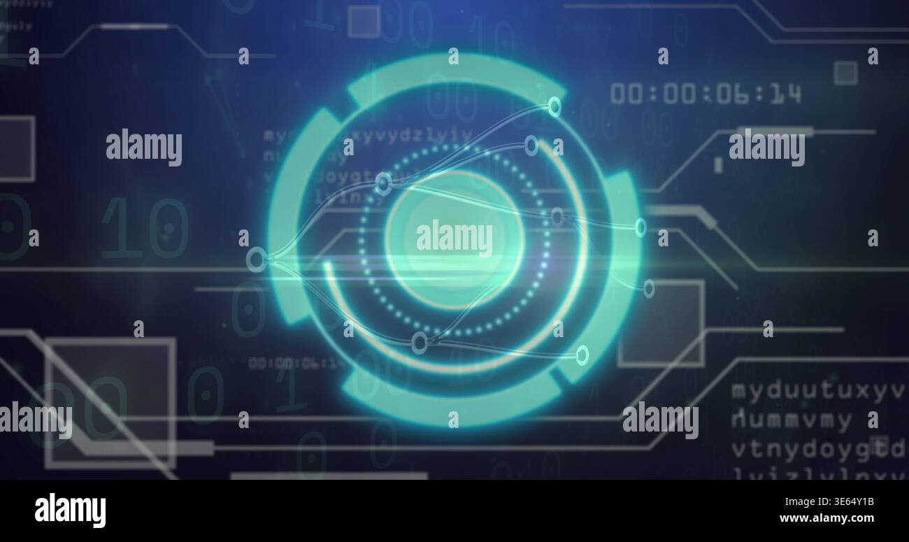 Projecting central circular holographic interface displaying rings, nodes, timer on digital display Stock Photo