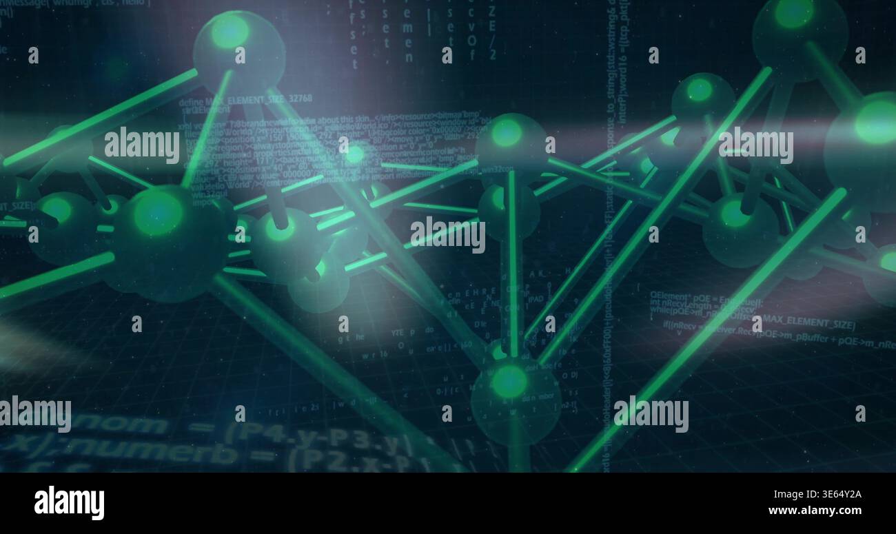 Displaying luminous green nodes and connecting rods on dark grid floor, with floating code Stock Photo