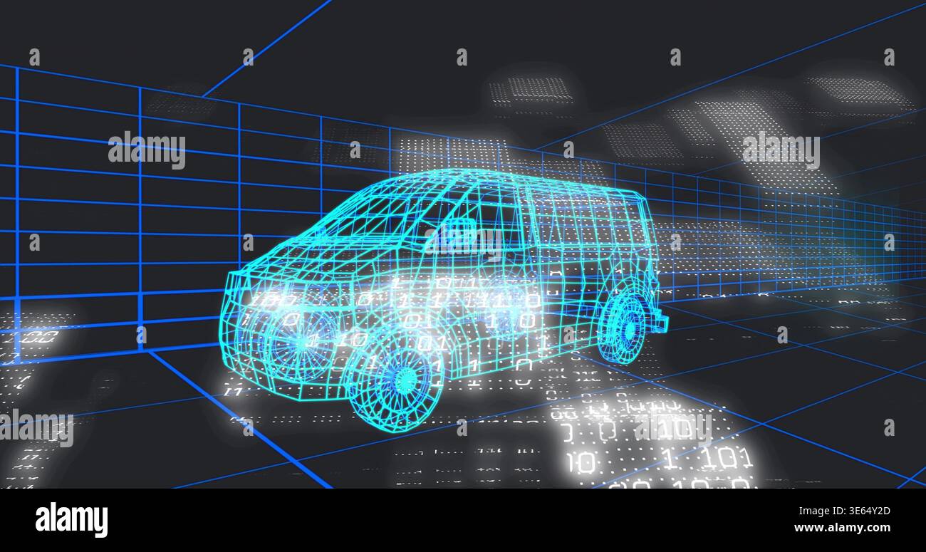 Displaying holographic cyan wireframe van rotating in dark virtual studio, with binary code Stock Photo