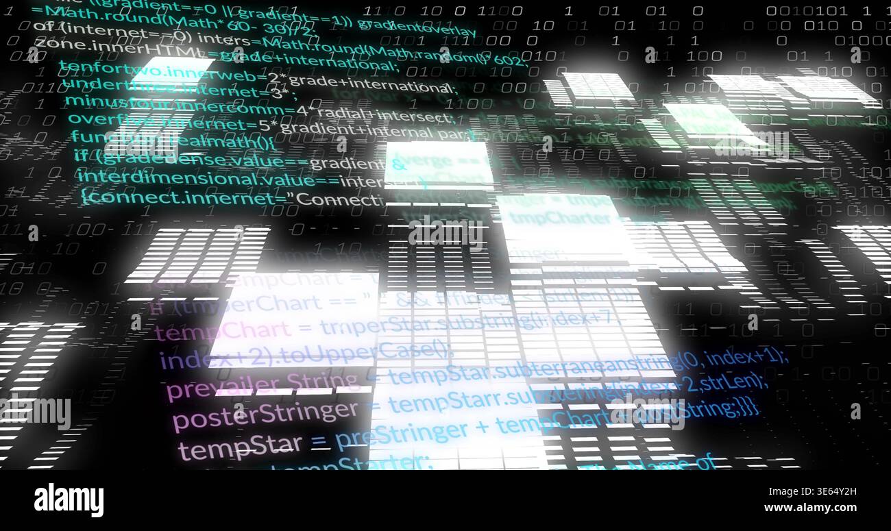 Glowing glassy panels moving through virtual data plane, showing code snippets and binary digits Stock Photo