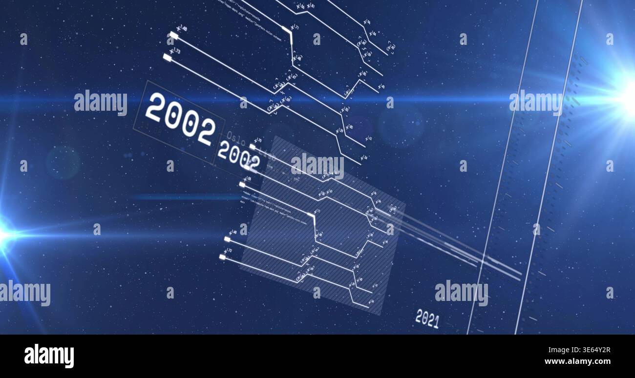White schematic bracket on tilted translucent panel floating in space, with 2002 or 2021, grid, flar Stock Photo