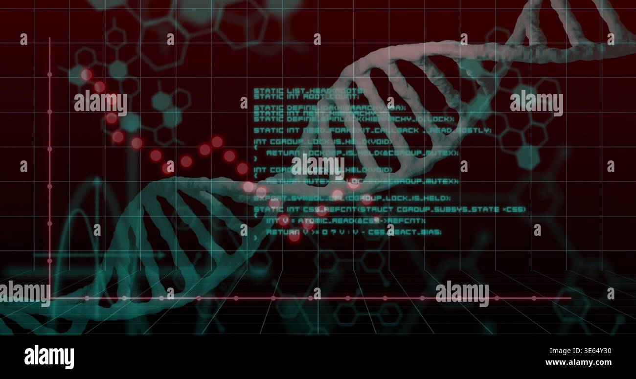 Displaying stylized teal DNA double helix curving across virtual lab dashboard, with floating code Stock Photo
