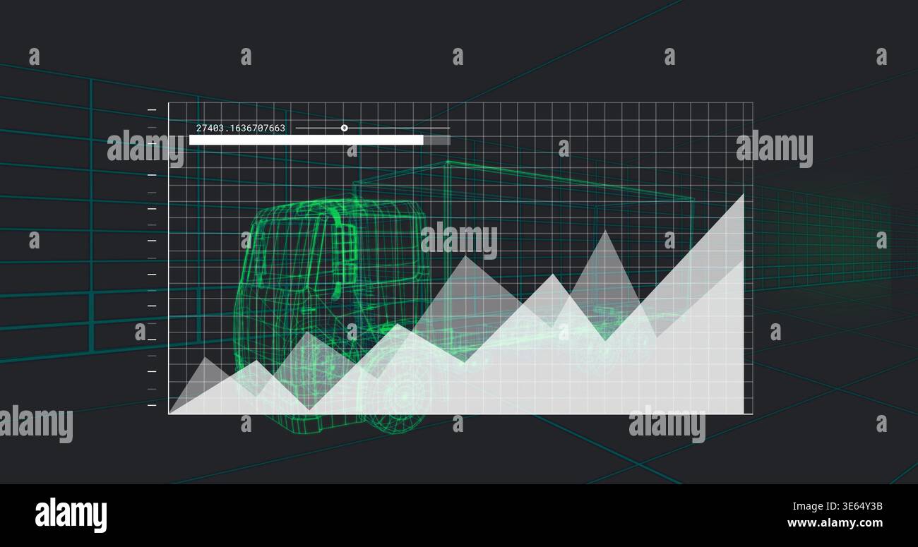 Displaying translucent panel over neon wireframe van in teal grid, showing chart and slider Stock Photo