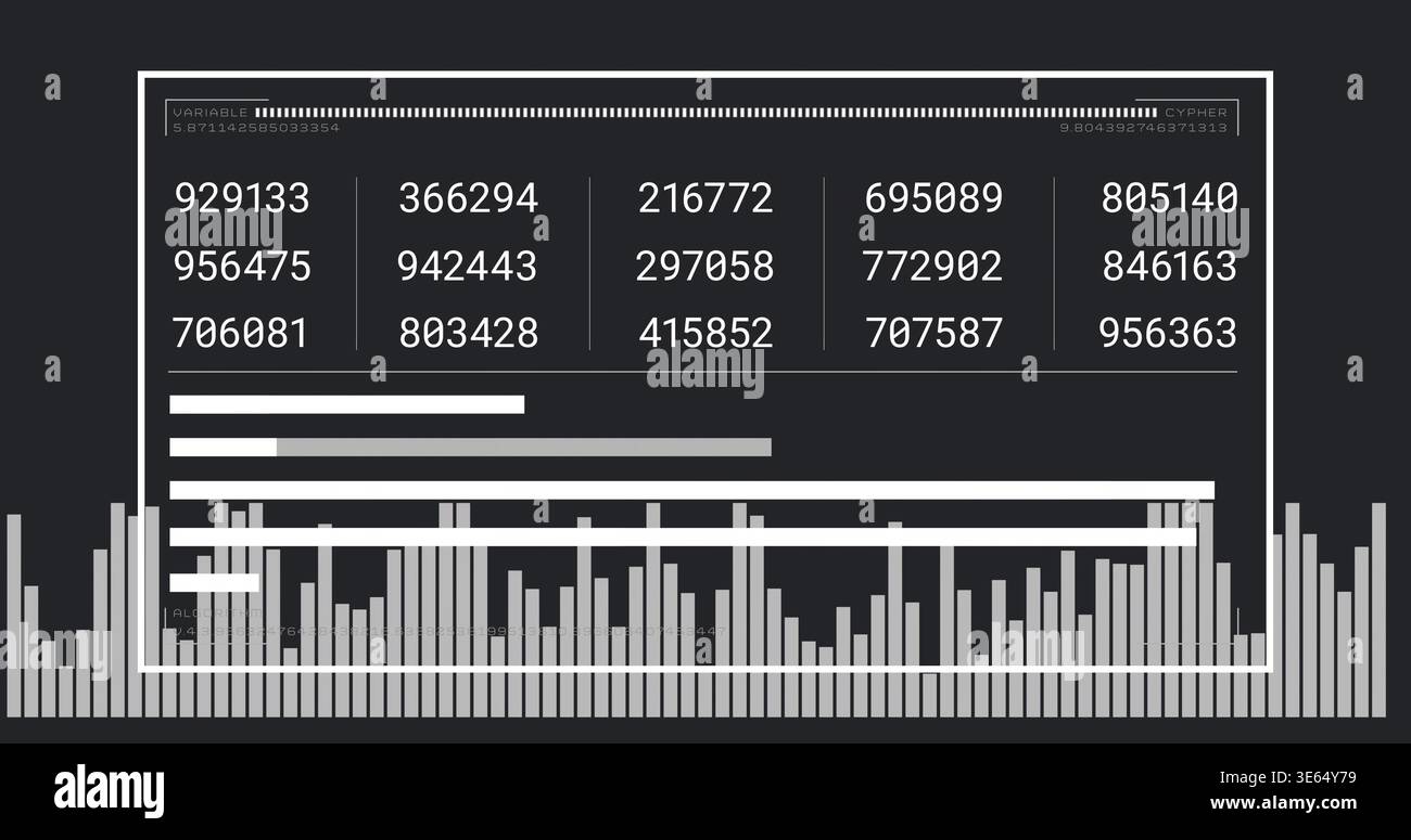 Showing centered white frame dashboard with numeric grid, dotted indicator, bars on charcoal screen Stock Photo