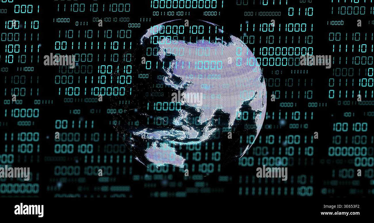 Spinning pixelated globe highlighting Asia-Pacific, hovering over data dashboard with teal binary Stock Photo