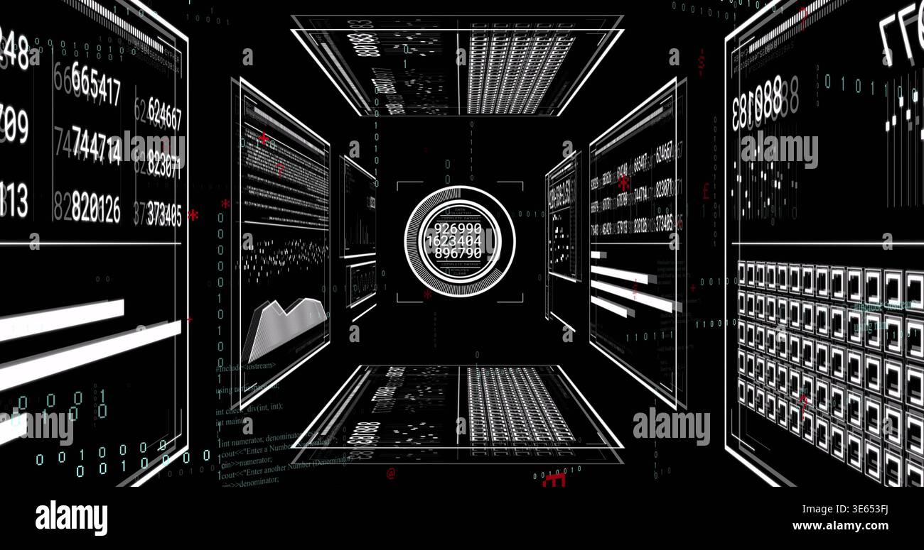 Showing central circular HUD floating in dark virtual corridor, with panels and binary grids Stock Photo