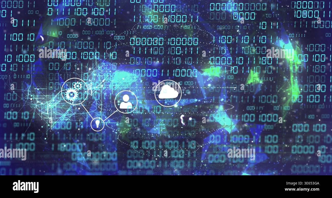 Rotating translucent globe with cloud and user icons pulsing in cyberspace, showing binary matrix Stock Photo