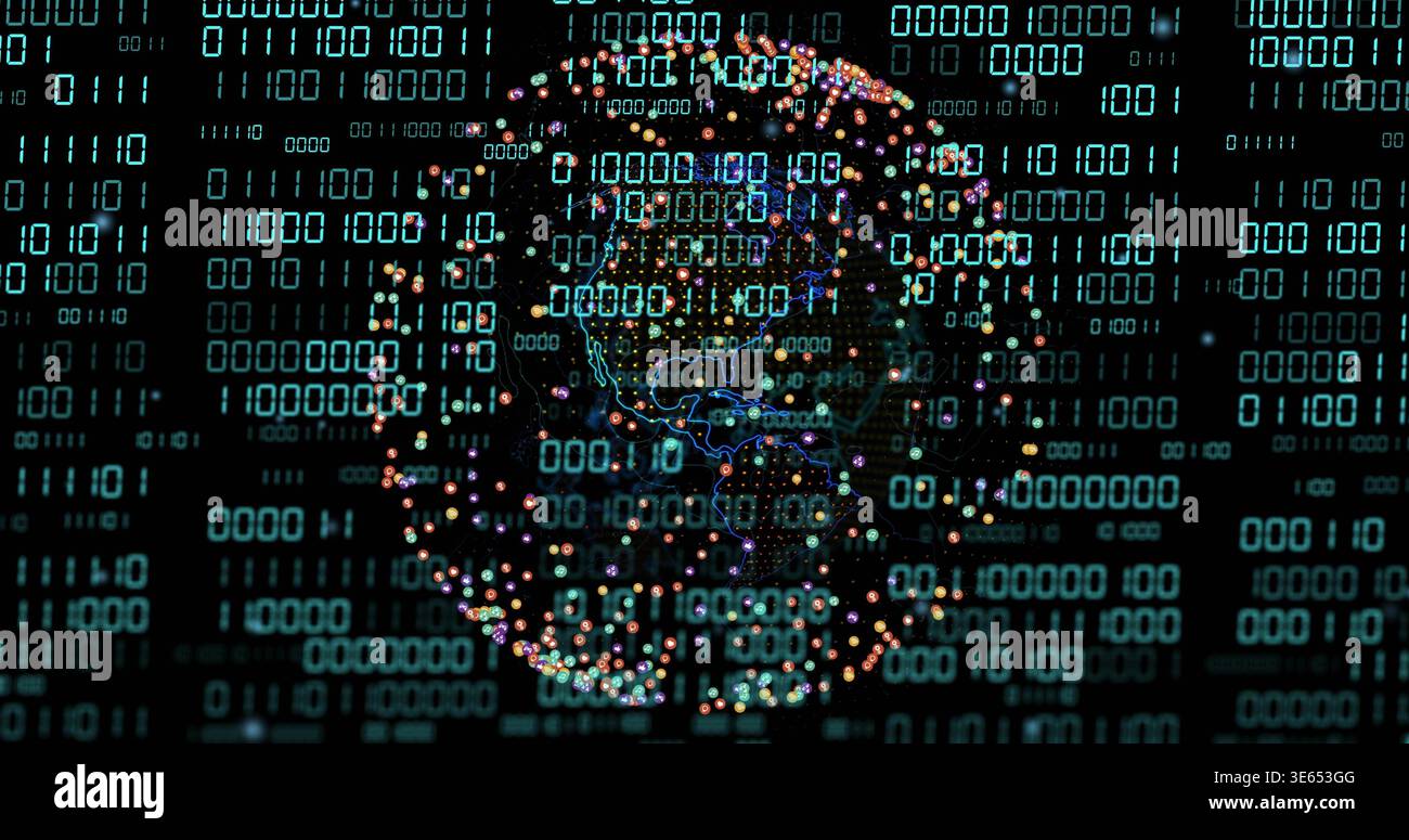 Glowing digital globe rotating in virtual cyberspace, showing binary matrix, neon lines, particles Stock Photo