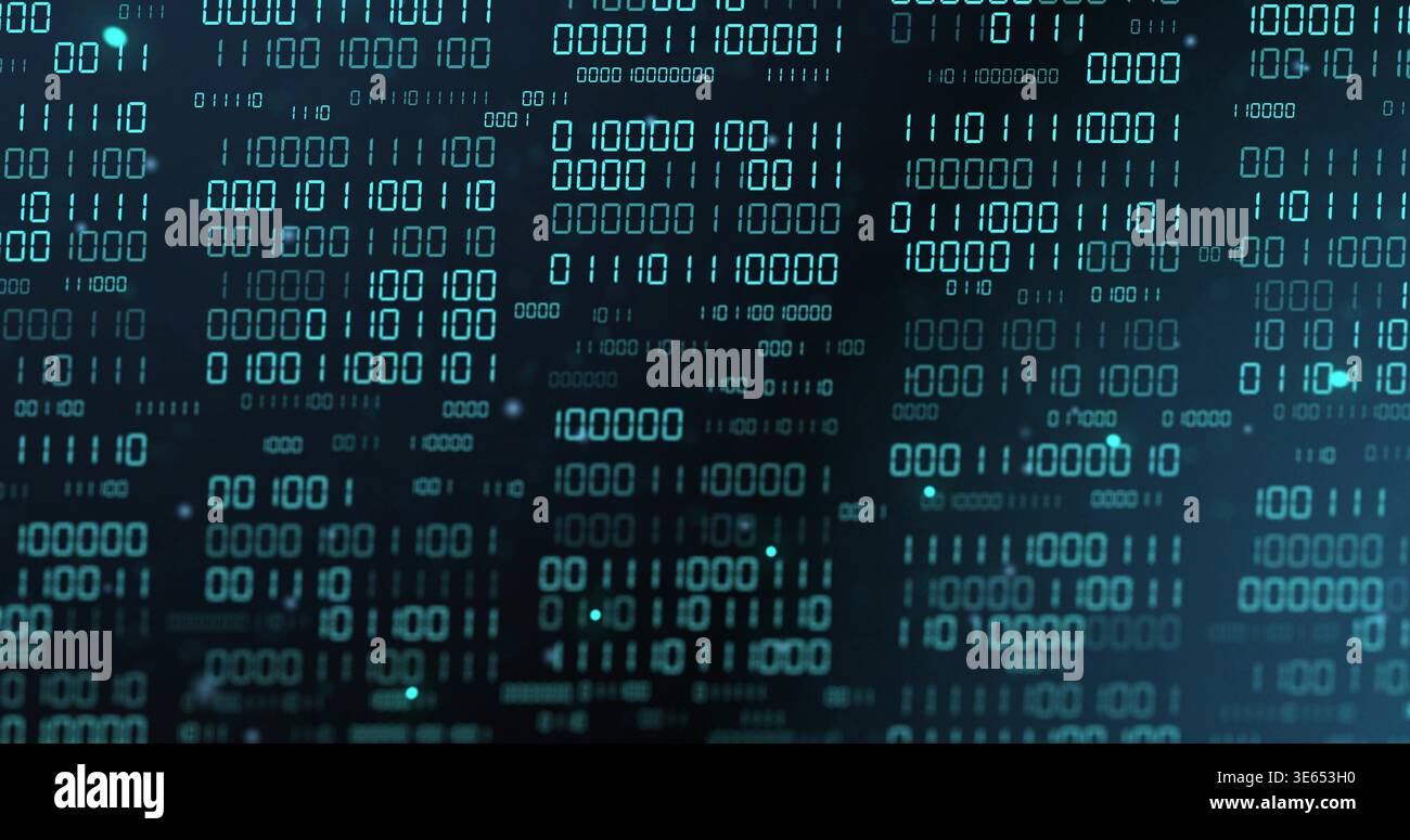 Displaying glowing binary digits streaming down vertical columns in digital matrix, with scan lines Stock Photo