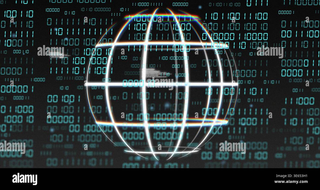 Rotating white wireframe globe hologram in dark teal binary backdrop, showing intersecting rings Stock Photo
