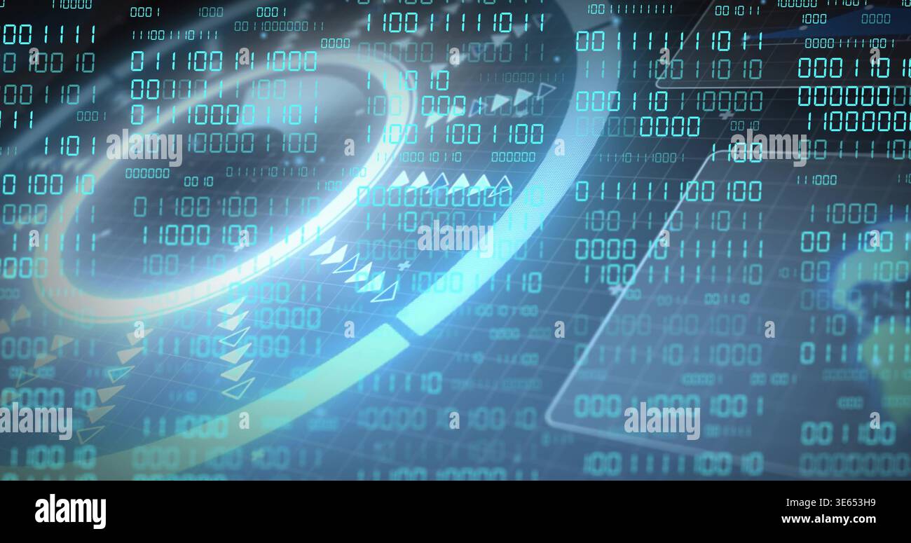 Animating glowing HUD ring projecting arcs and binary streams on virtual display, showing map Stock Photo