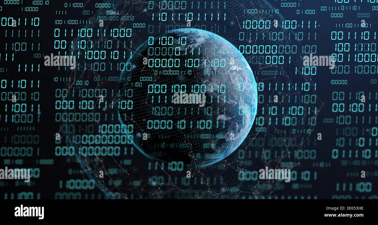 Rotating teal globe projecting binary streams in virtual space, with hex grid and node links Stock Photo